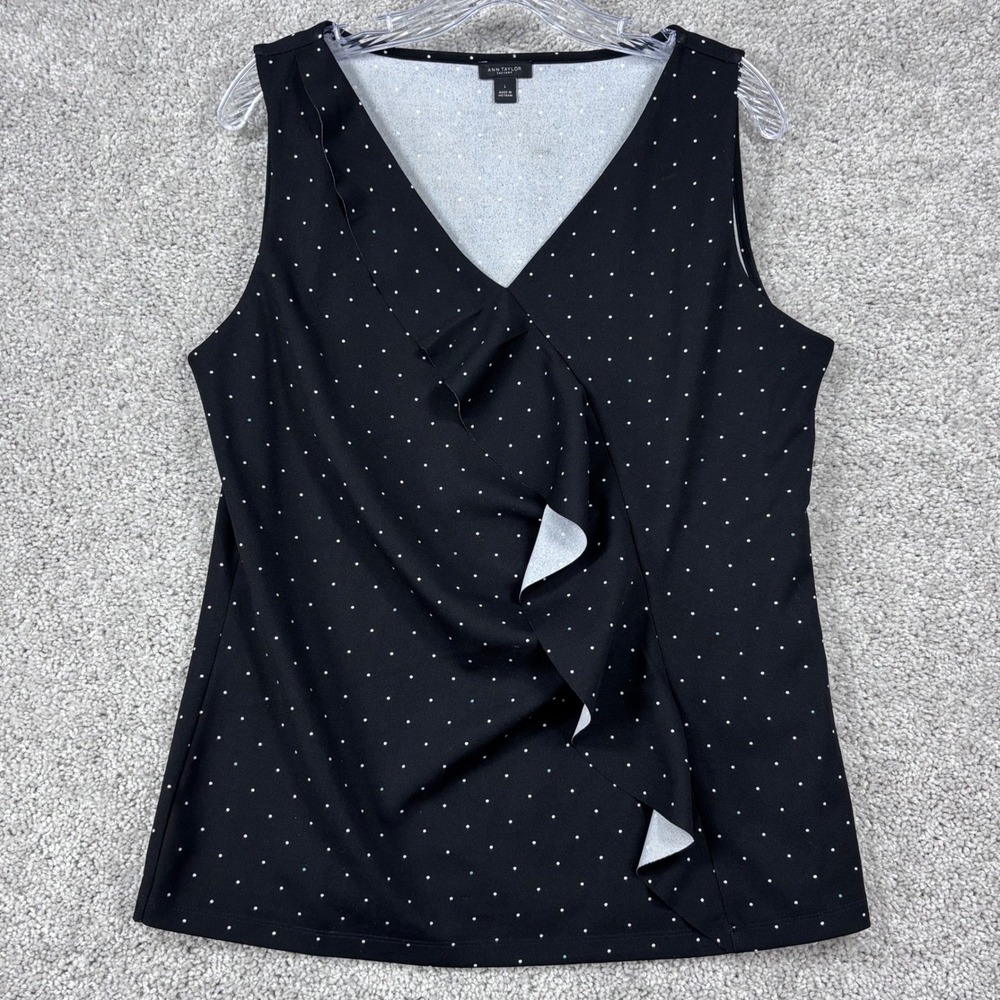 Ann Taylor Factory Black Polka Dot Ruffle V-Neck Sleeveless Blouse Top Large